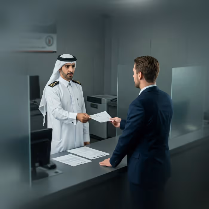 Customs officer reviewing shipping documents with a client