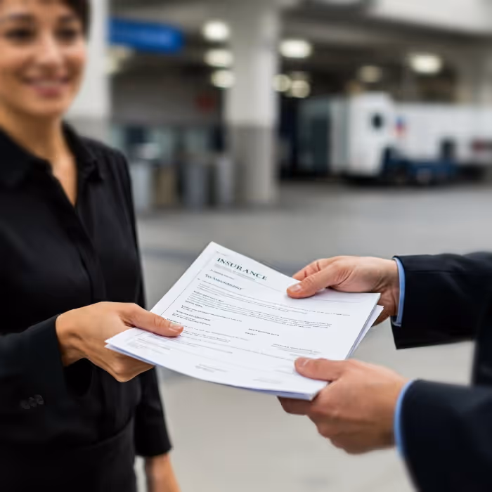 Insurance documents being handed to a client